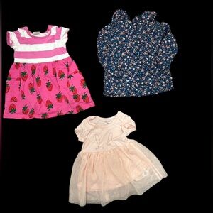 ✨3 girls dresses Blue Floral, Strawberry Print, and White and Creamy✨